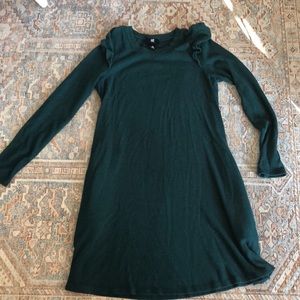 Forest green ruffle-shouldered jersey dress — with pockets!!